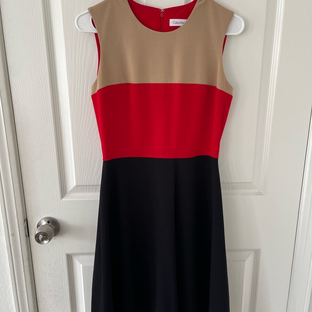Calvin Klein Women's Colorblock Dress - Red, Tan, and Black